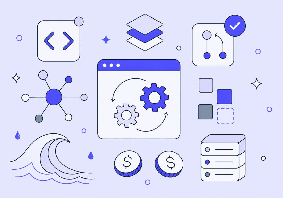 Illustration of software and infrastructure icons — code brackets, a branch diagram with a checkmark, gears turning in a browser window, coins, a server stack, and a breaking wave